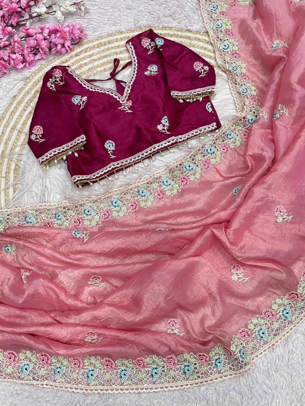 Premium Mono Banglori Saree with Multi-Thread Embroidery & Cutwork Border