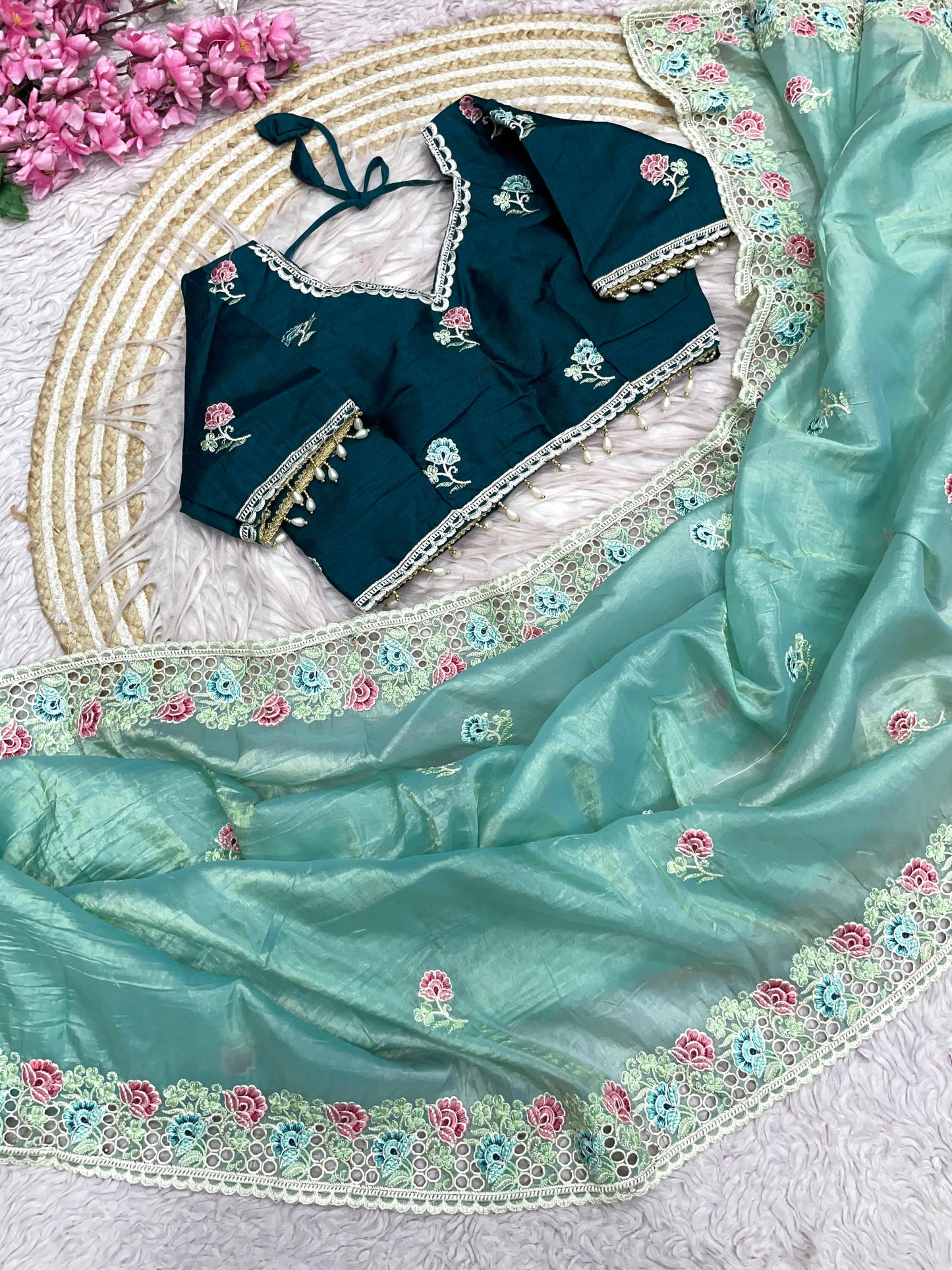Premium Mono Banglori Saree with Multi-Thread Embroidery & Cutwork Border