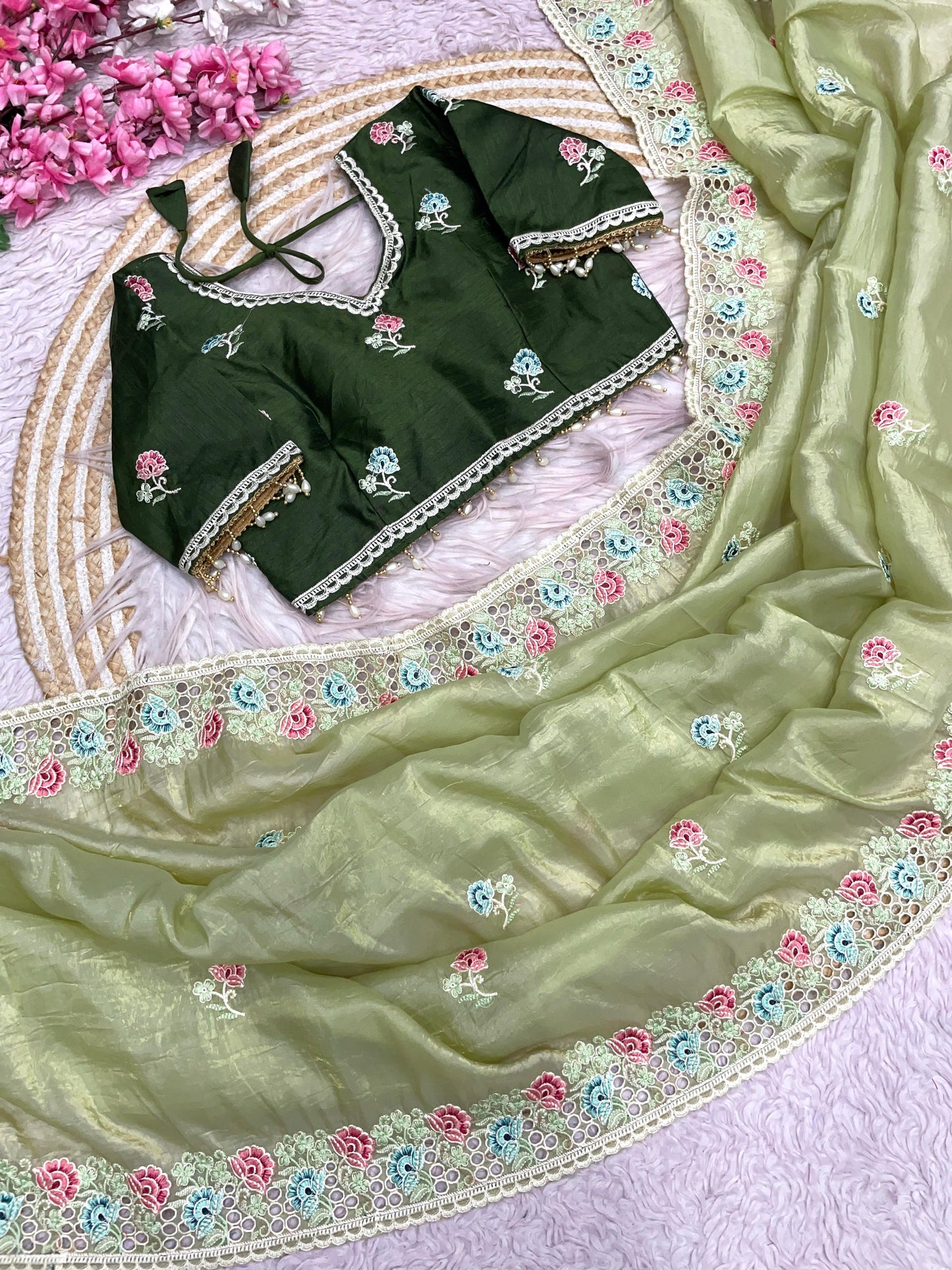Premium Mono Banglori Saree with Multi-Thread Embroidery & Cutwork Border