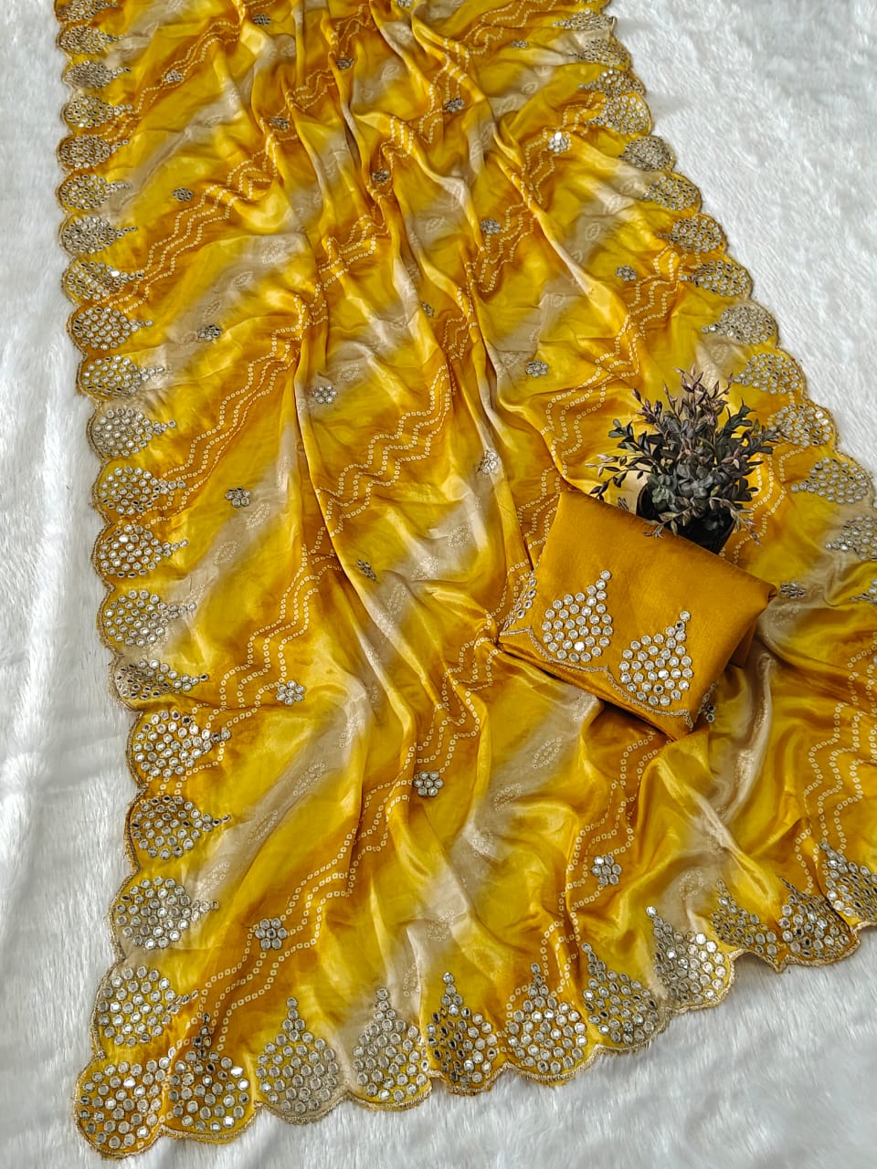 Premium Shiny Silk Saree with Exquisite Jari & Cut-Work with Banglori Silk Blouse