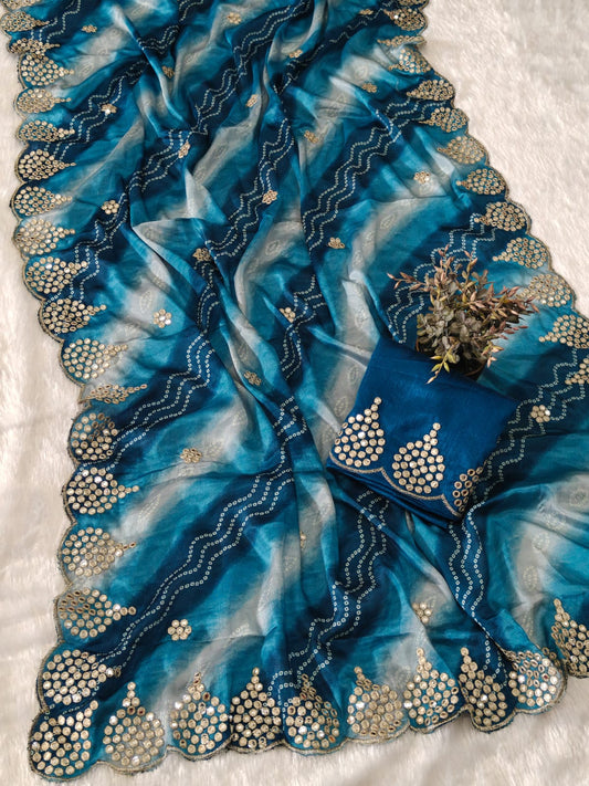 Premium Shiny Silk Saree with Exquisite Jari & Cut-Work with Banglori Silk Blouse