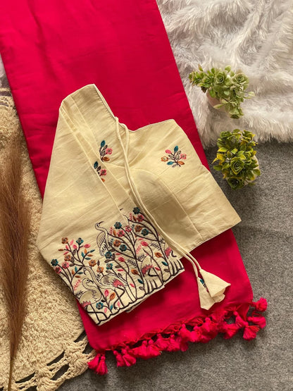 Elegant Khadi Cotton Saree with Premium Embroidery Stitched Blouse