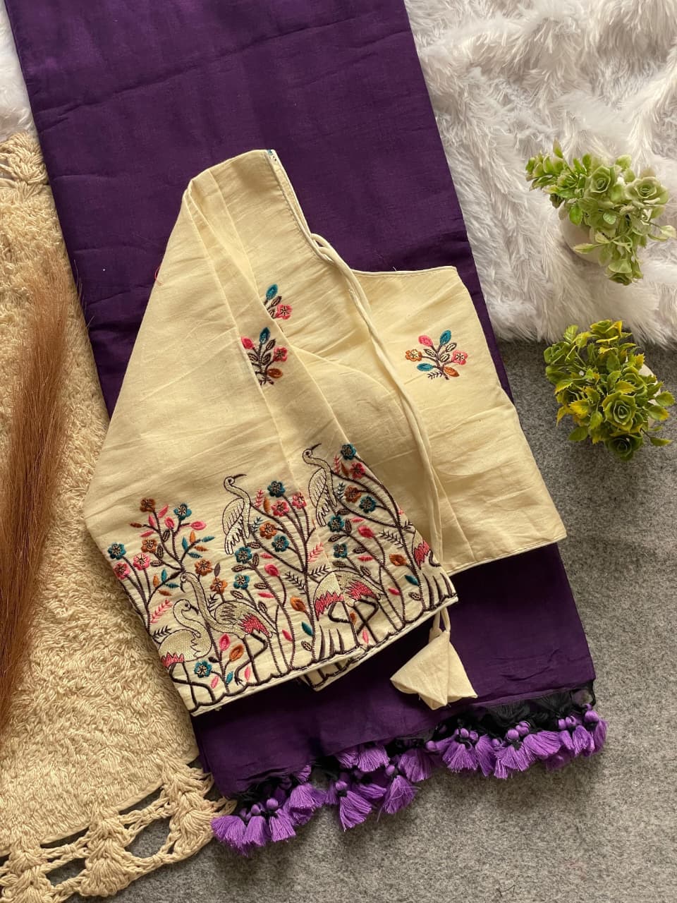 Elegant Khadi Cotton Saree with Premium Embroidery Stitched Blouse