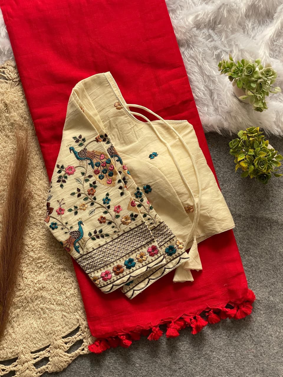 Elegant Khadi Cotton Saree with Premium Embroidery Stitched Blouse