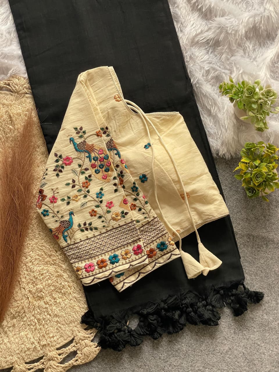 Elegant Khadi Cotton Saree with Premium Embroidery Stitched Blouse