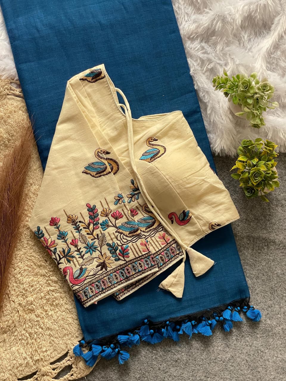 Elegant Khadi Cotton Saree with Premium Embroidery Stitched Blouse