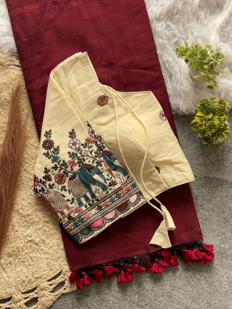 Elegant Khadi Cotton Saree with Premium Embroidery Stitched Blouse