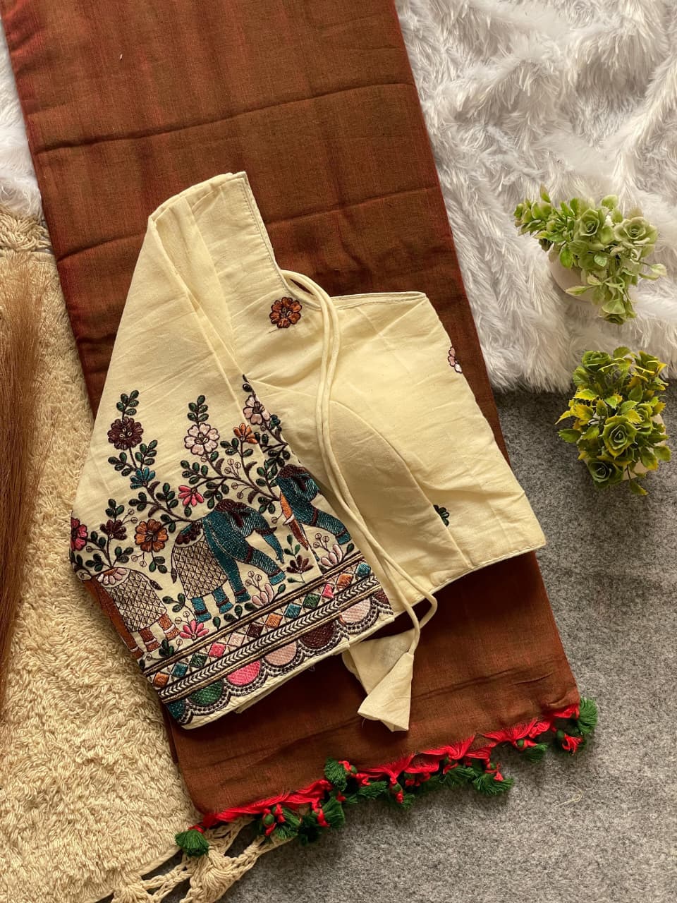 Elegant Khadi Cotton Saree with Premium Embroidery Stitched Blouse