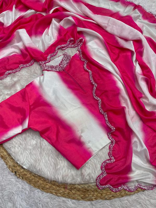 Elegant Chinon Digital Print Saree with Khatli Handwork & Arco Border