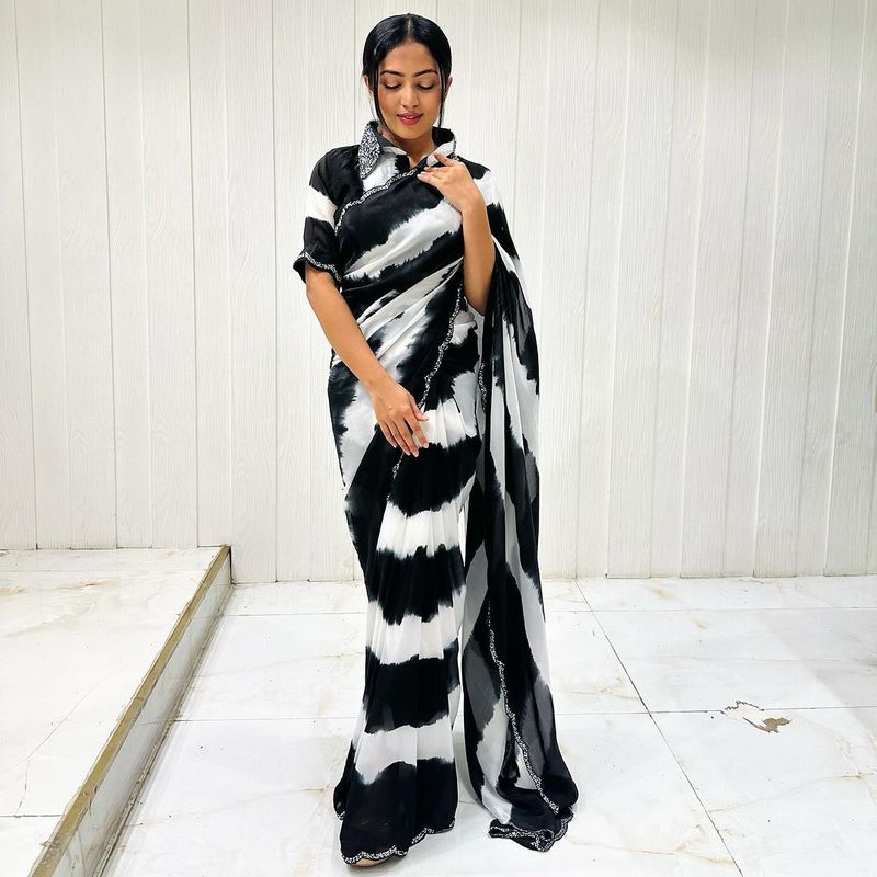 Elegant Chinon Digital Print Saree with Khatli Handwork & Arco Border