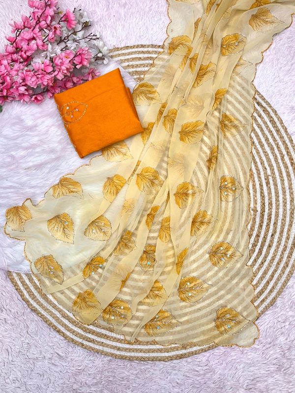 Wetless Jari Print Saree with Mono Banglori Khatli Work Blouse