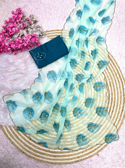 Wetless Jari Print Saree with Mono Banglori Khatli Work Blouse