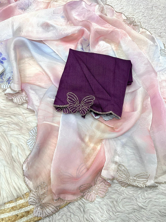 Premium Fandy Satin Digital Print Saree with Jarkan & Swarovski Work