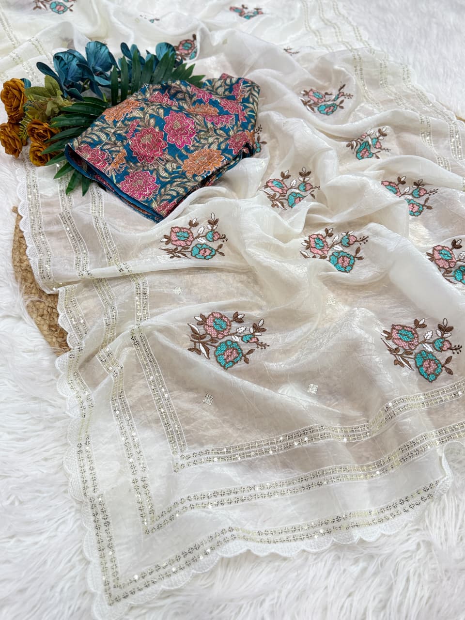 Premium Gold Crush Saree with Resham Embroidery & Sequins Work