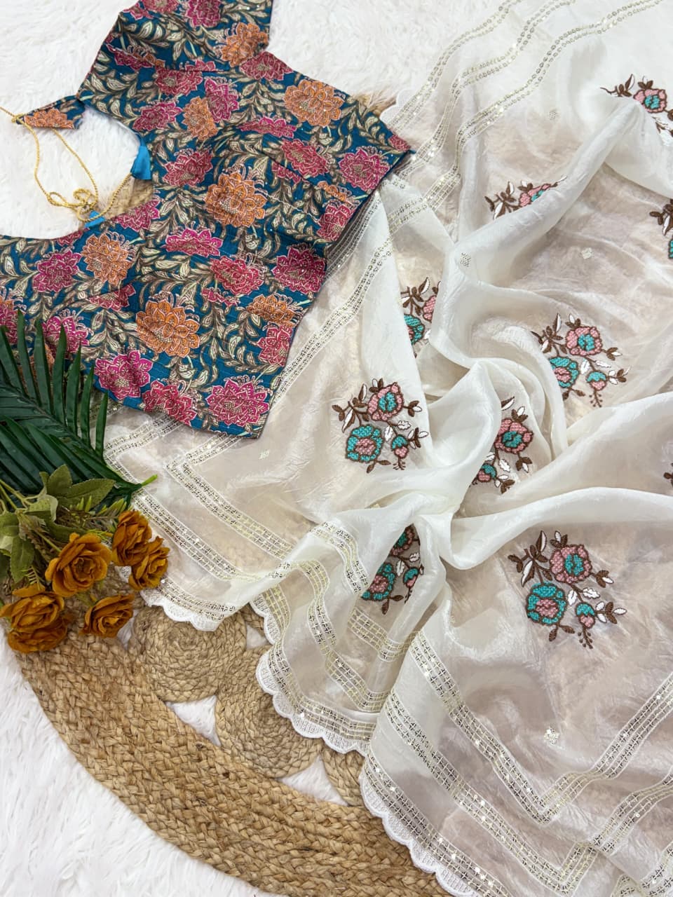 Premium Gold Crush Saree with Resham Embroidery & Sequins Work