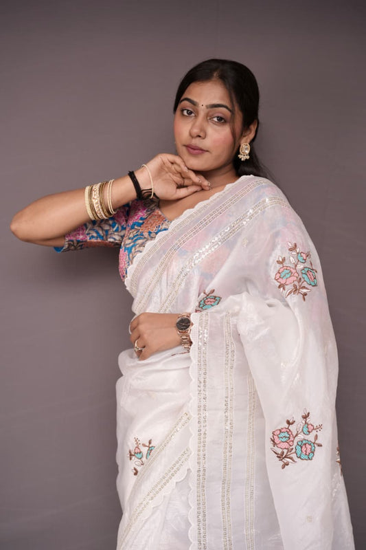 Premium Gold Crush Saree with Resham Embroidery & Sequins Work