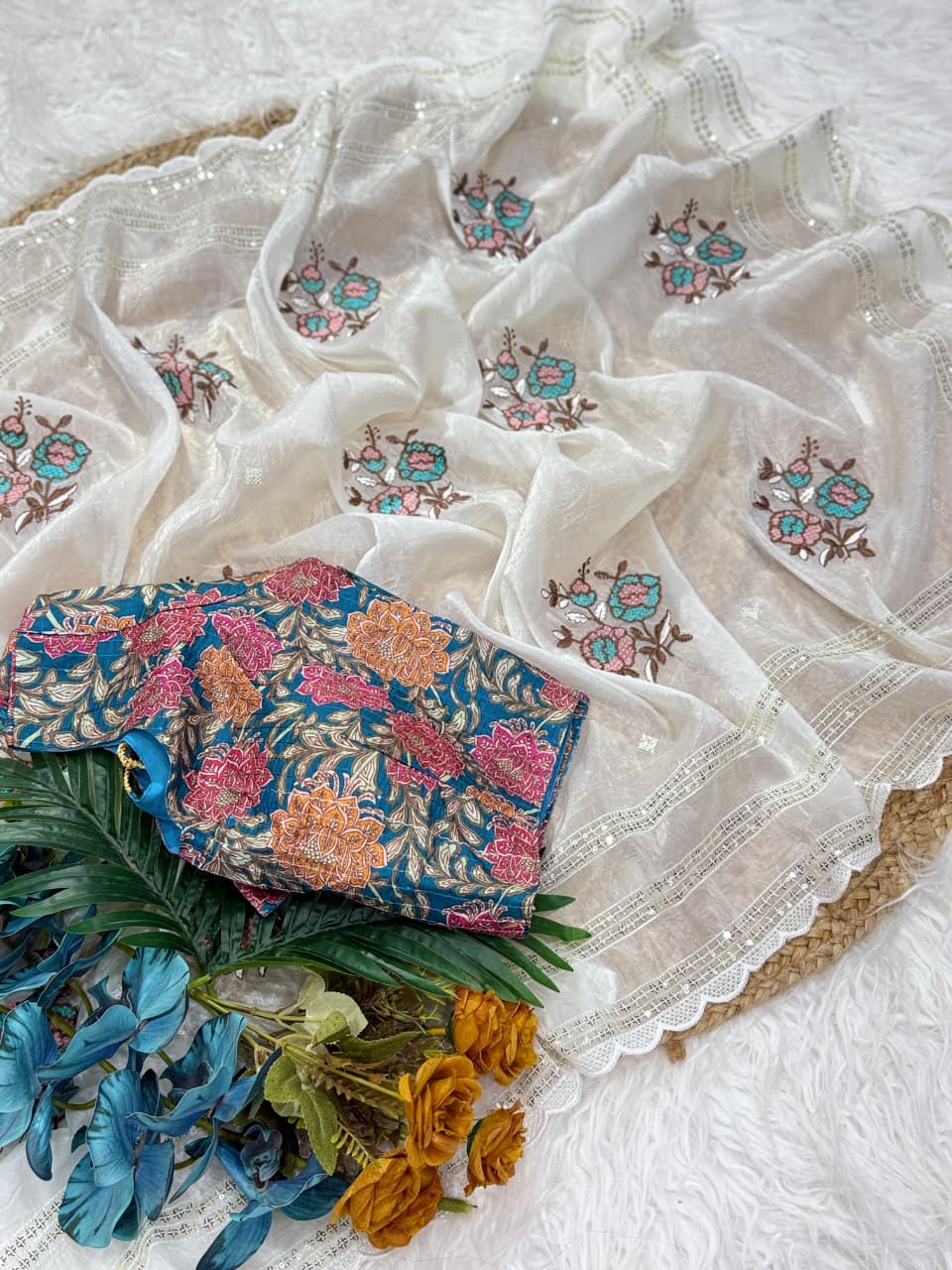 Premium Gold Crush Saree with Resham Embroidery & Sequins Work