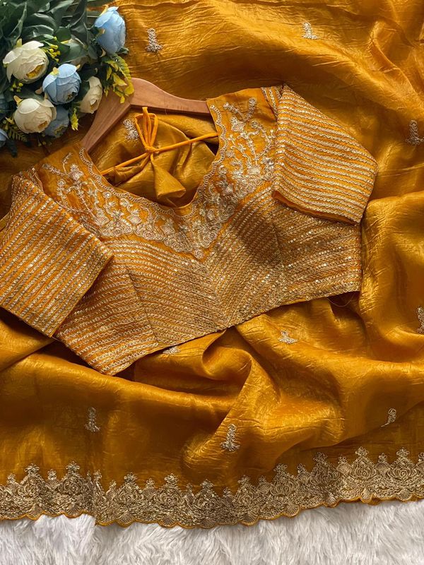 Premium Gold Crush Silk Saree with Heavy Zari, Sequins & Coding