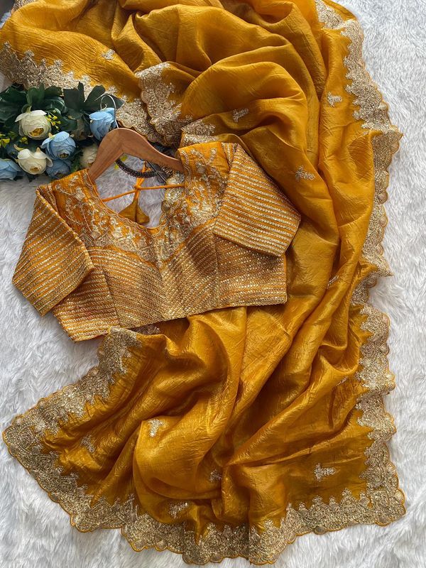 Premium Gold Crush Silk Saree with Heavy Zari, Sequins & Coding