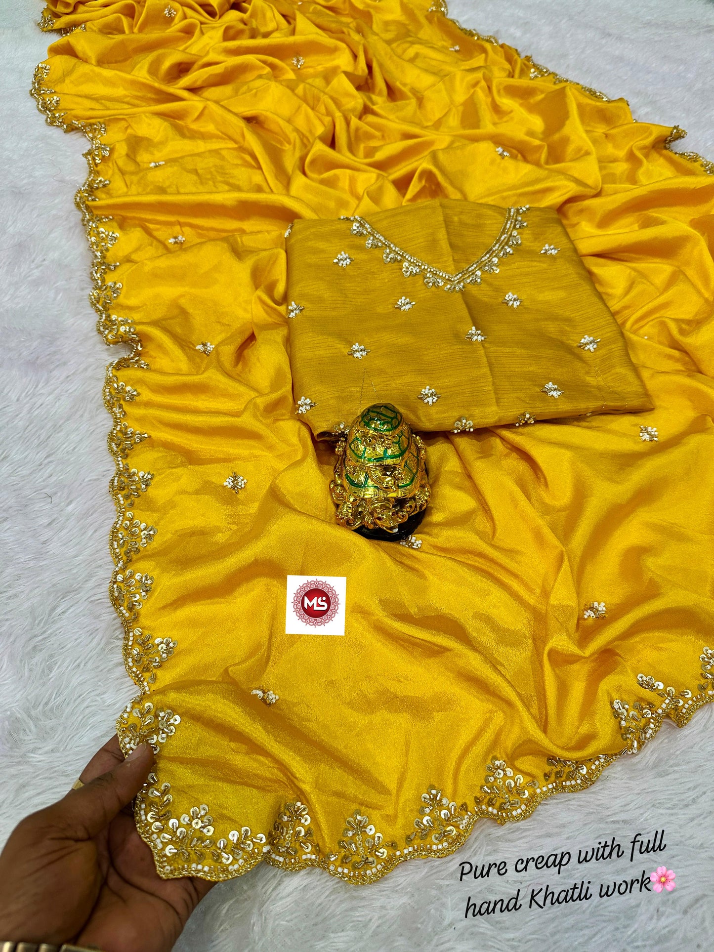 Pure Soft Crepe Silk Saree with Heavy C-Pallu Beads Work