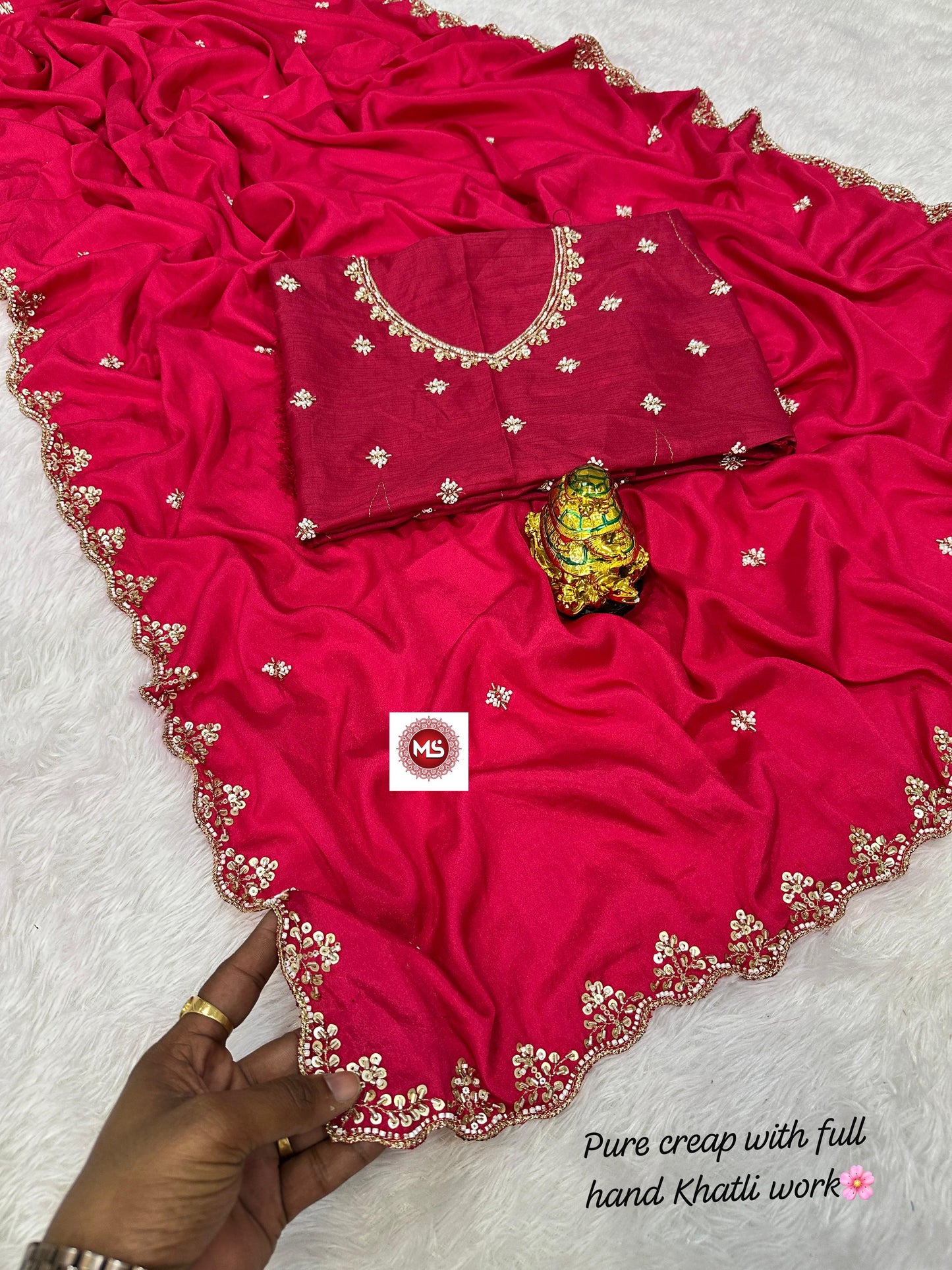 Pure Soft Crepe Silk Saree with Heavy C-Pallu Beads Work
