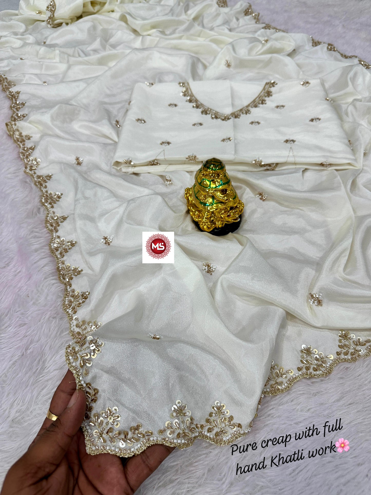 Pure Soft Crepe Silk Saree with Heavy C-Pallu Beads Work