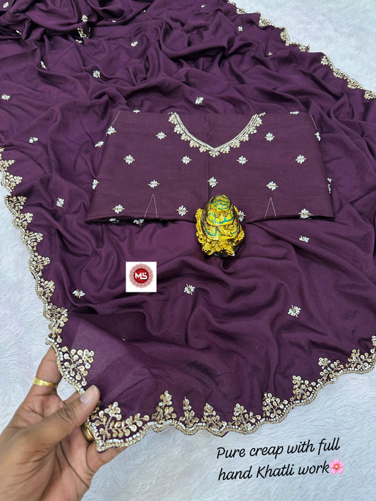 Pure Soft Crepe Silk Saree with Heavy C-Pallu Beads Work