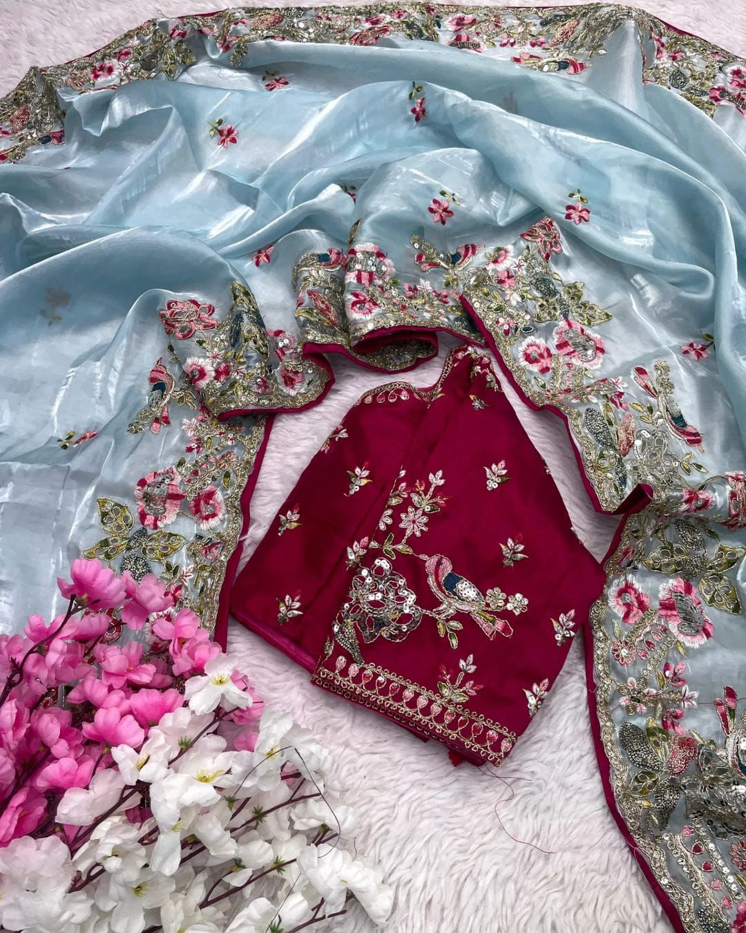 Soft Jimichu Silk Party Wear Saree With Multi Embroidery Work