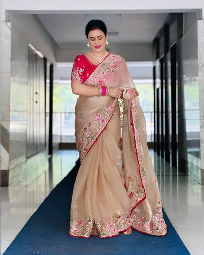 Soft Jimichu Silk Party Wear Saree With Multi Embroidery Work