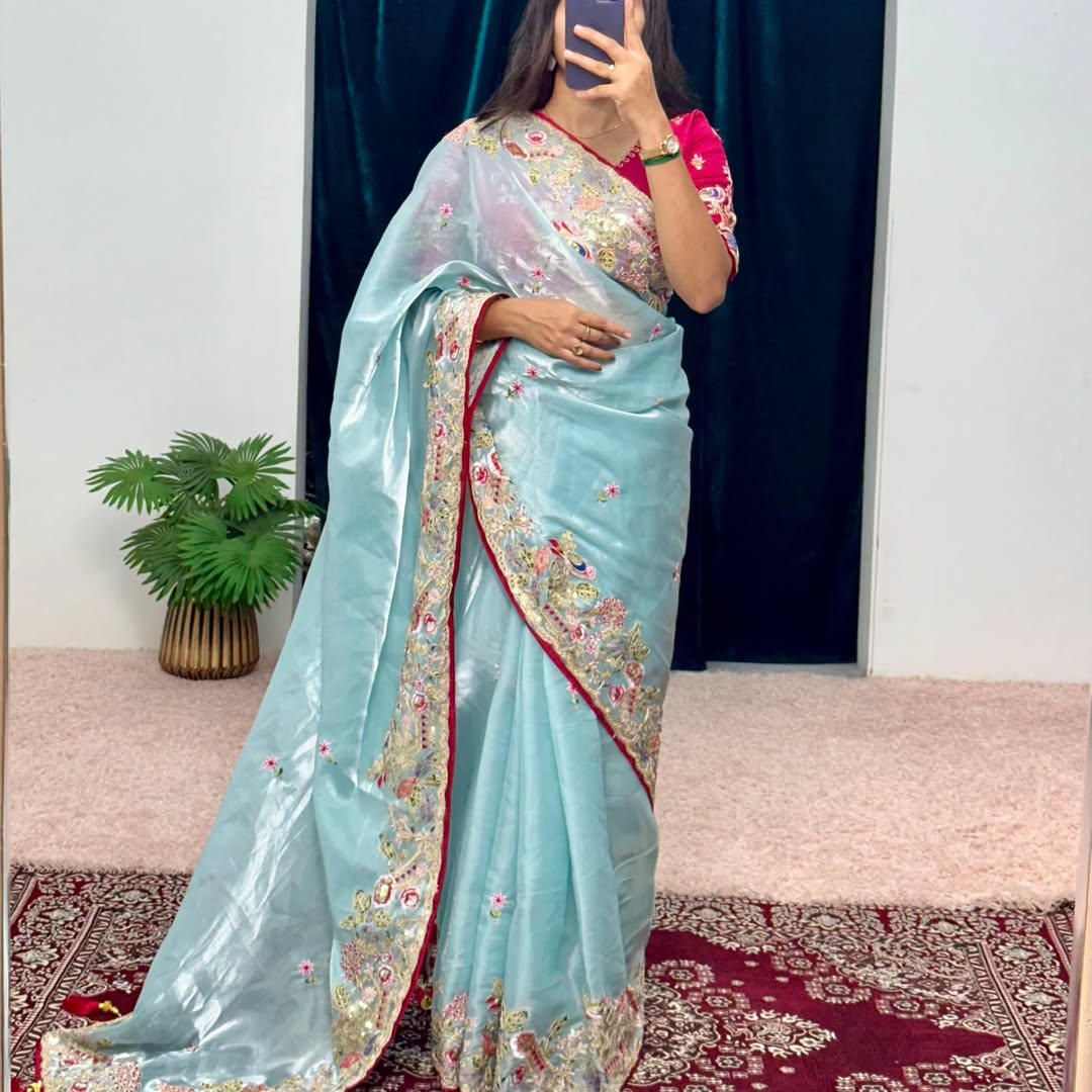 Soft Jimichu Silk Party Wear Saree With Multi Embroidery Work