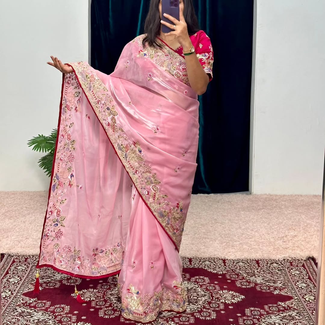 Soft Jimichu Silk Party Wear Saree With Multi Embroidery Work