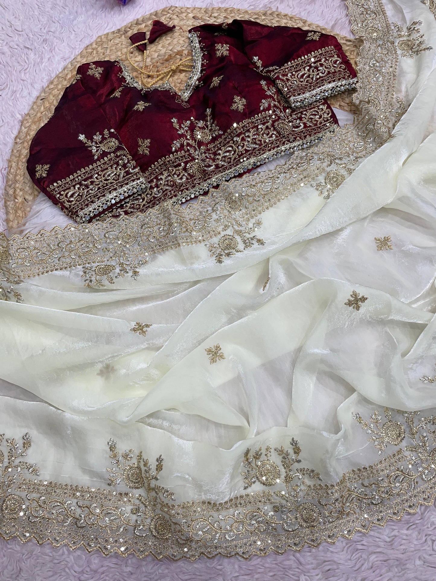 Premium Fendy Satin Saree with Multi-Sequence Embroidery Work