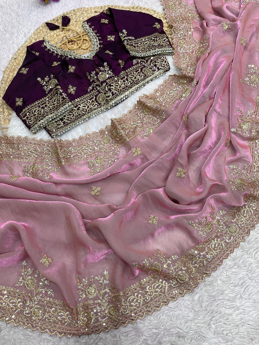 Premium Fendy Satin Saree with Multi-Sequence Embroidery Work