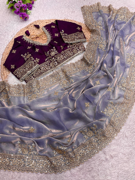 Premium Fendy Satin Saree with Multi-Sequence Embroidery Work