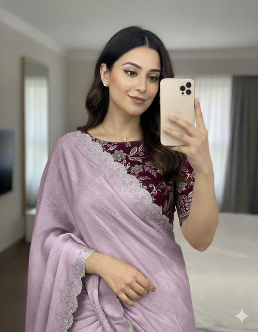 Moss Chiffon Saree with Siroski Sequence Border & Embroidery Blouse