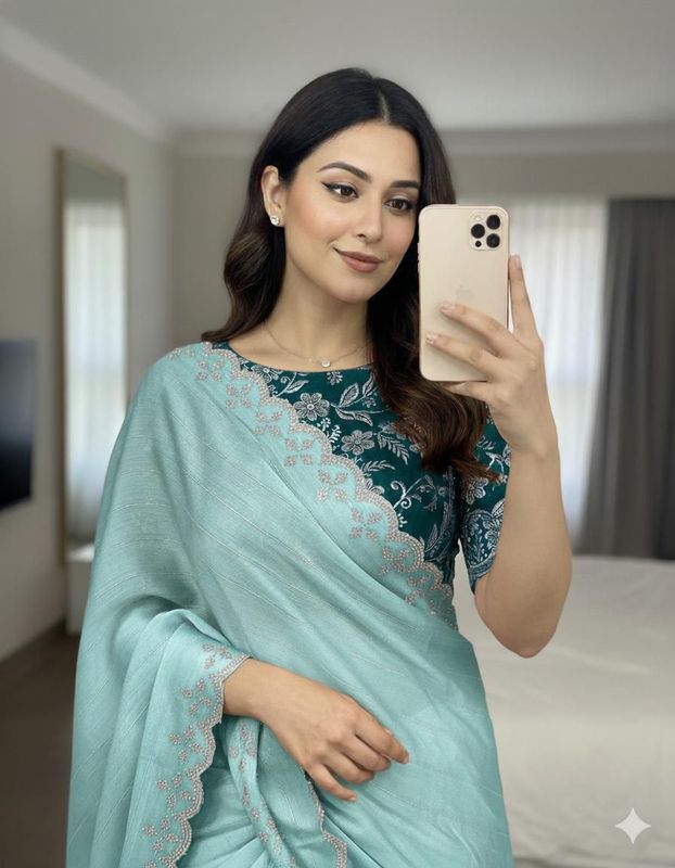 Moss Chiffon Saree with Siroski Sequence Border & Embroidery Blouse
