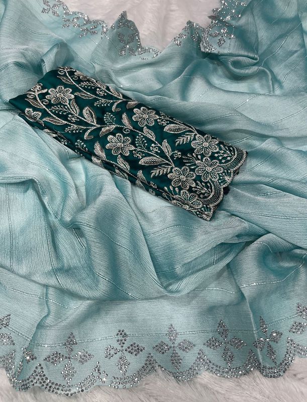 Moss Chiffon Saree with Siroski Sequence Border & Embroidery Blouse