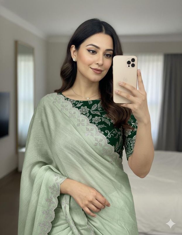 Moss Chiffon Saree with Siroski Sequence Border & Embroidery Blouse