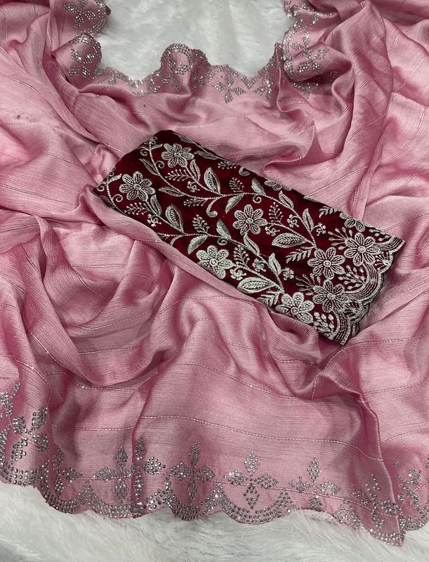 Moss Chiffon Saree with Siroski Sequence Border & Embroidery Blouse
