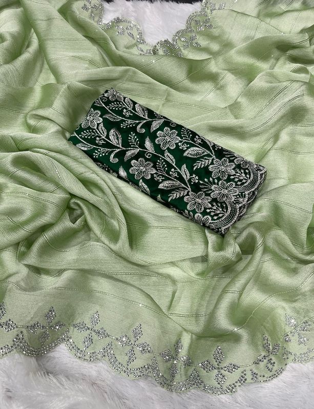 Moss Chiffon Saree with Siroski Sequence Border & Embroidery Blouse