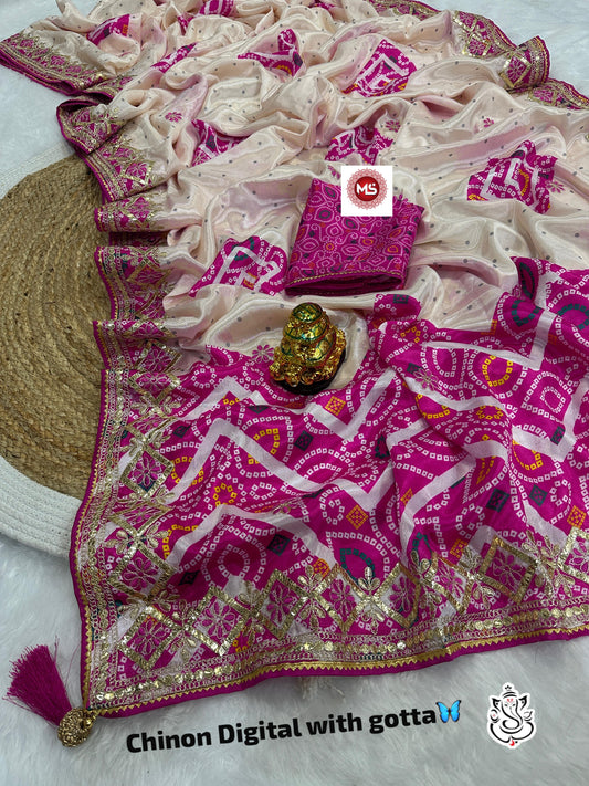 Heavy Digital Chinon Silk Bandhej Saree with Thread–Gottapati Work