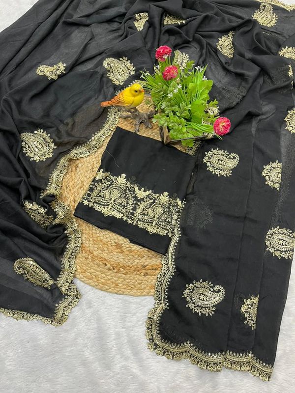 Pure Rangoli Crush Silk Saree with Jari–Sequins Embroidery & Cutwork Border