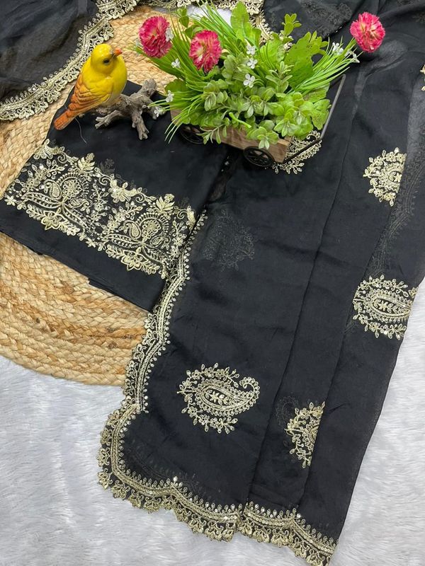 Pure Rangoli Crush Silk Saree with Jari–Sequins Embroidery & Cutwork Border
