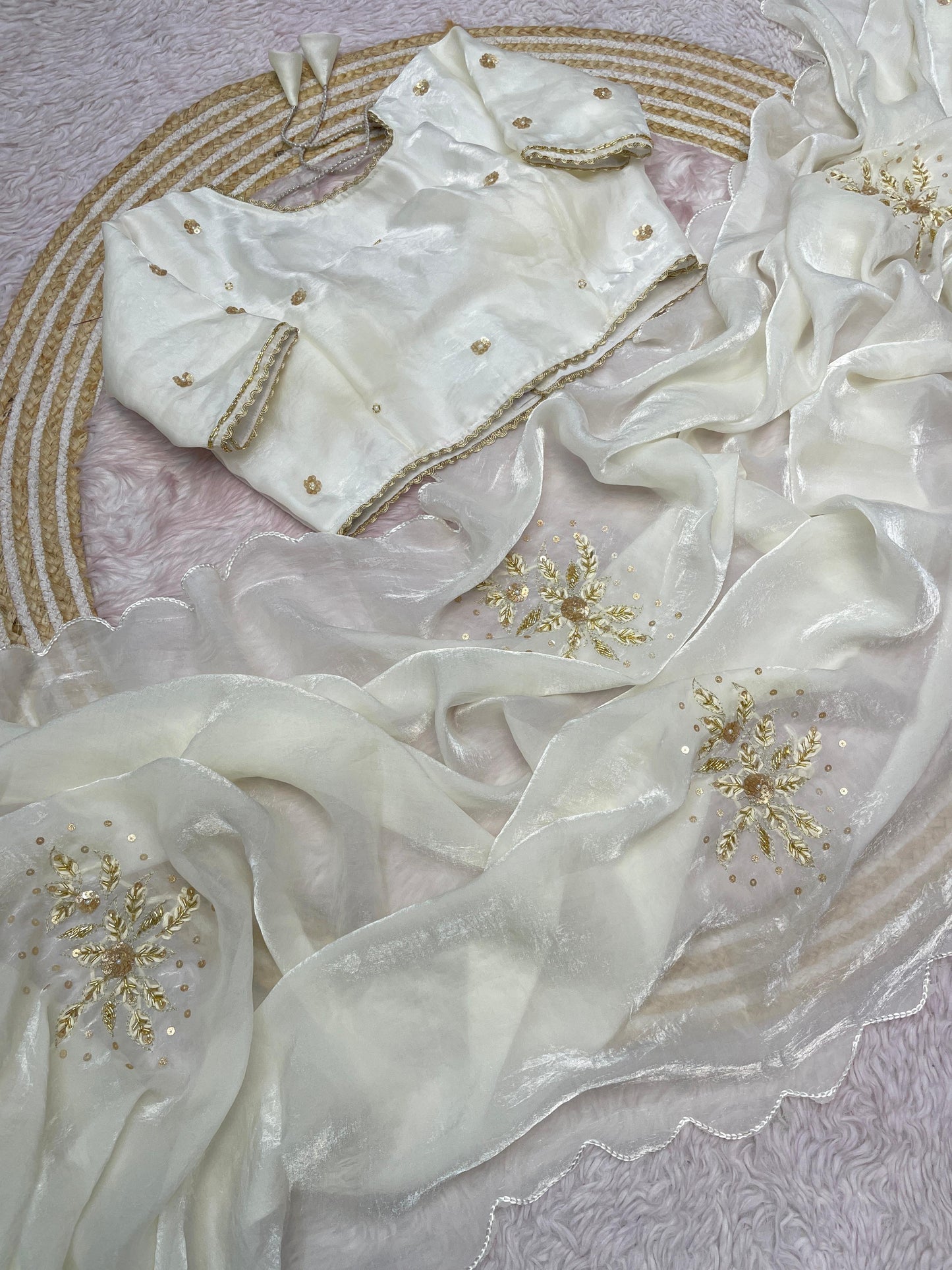 Premium Fandy Satin Saree with Khatli Handwork & Arco Border