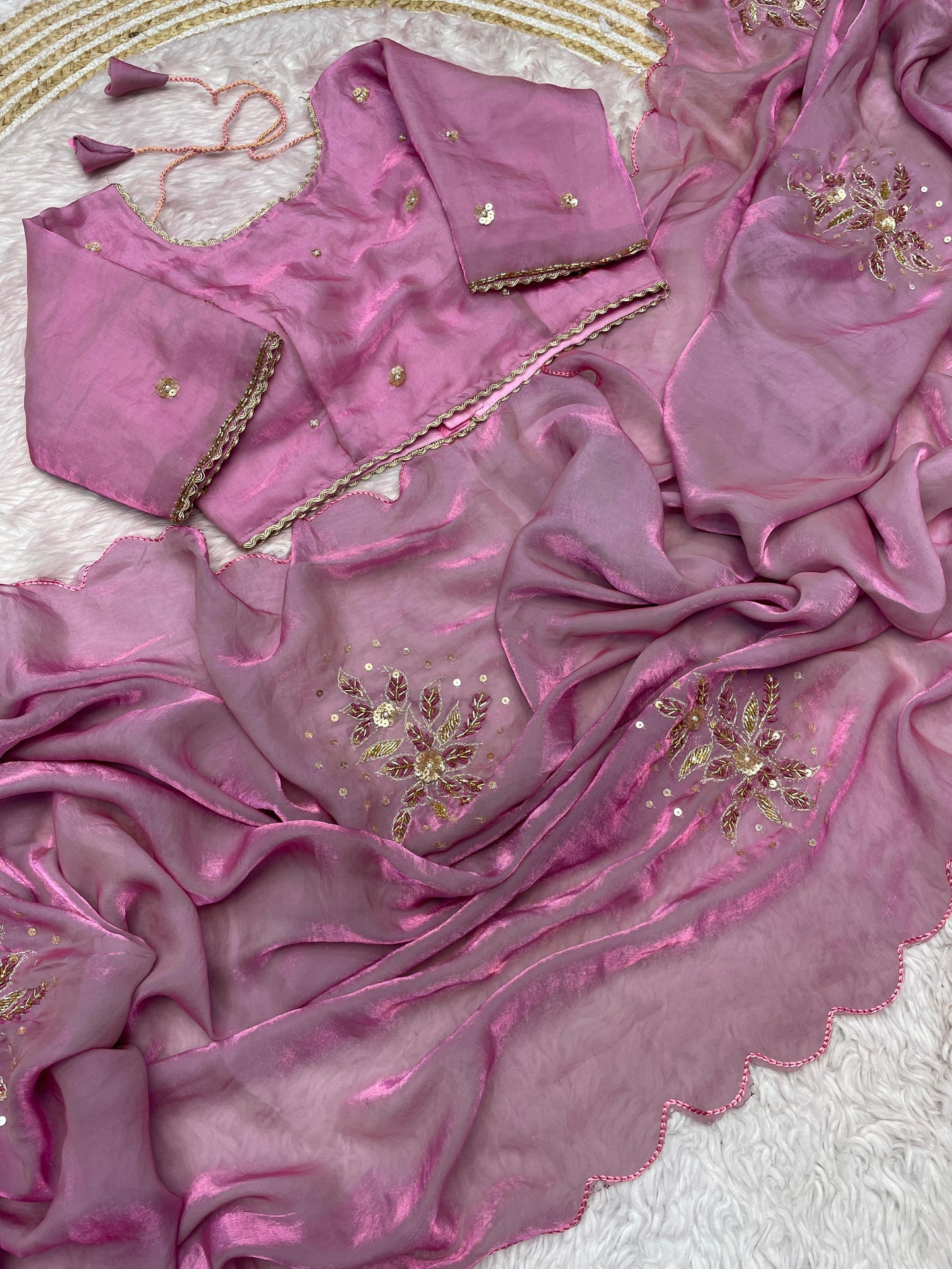 Premium Fandy Satin Saree with Khatli Handwork & Arco Border