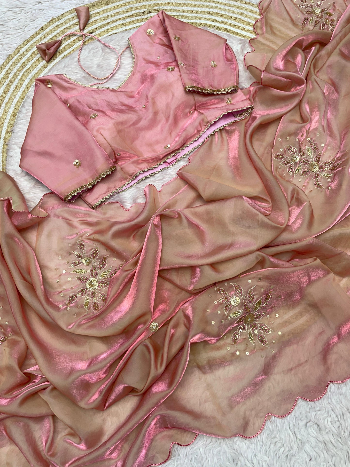 Premium Fandy Satin Saree with Khatli Handwork & Arco Border