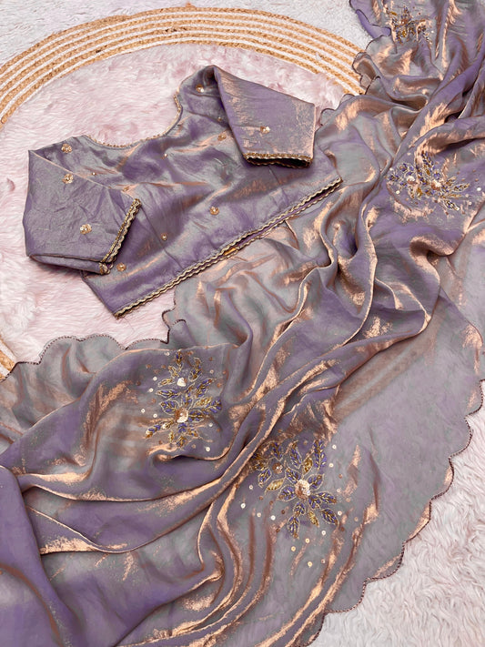 Premium Fandy Satin Saree with Khatli Handwork & Arco Border