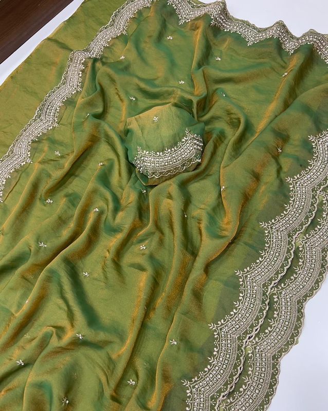 Moss Satin Dual Shade Saree With Multi Embroidery Work