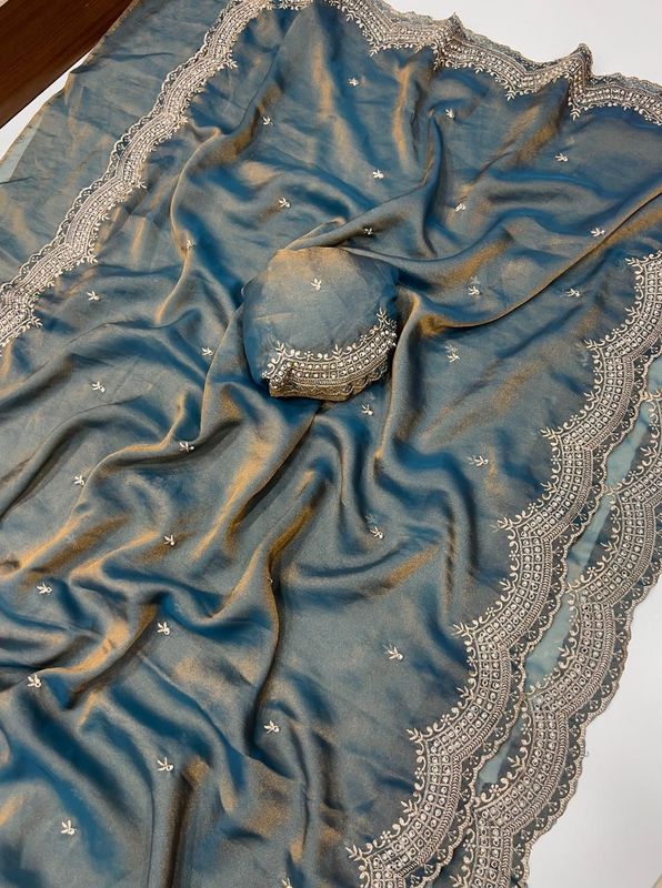 Moss Satin Dual Shade Saree With Multi Embroidery Work