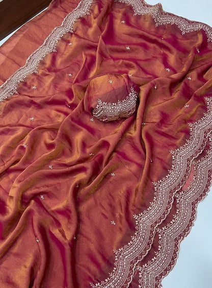Moss Satin Dual Shade Saree With Multi Embroidery Work